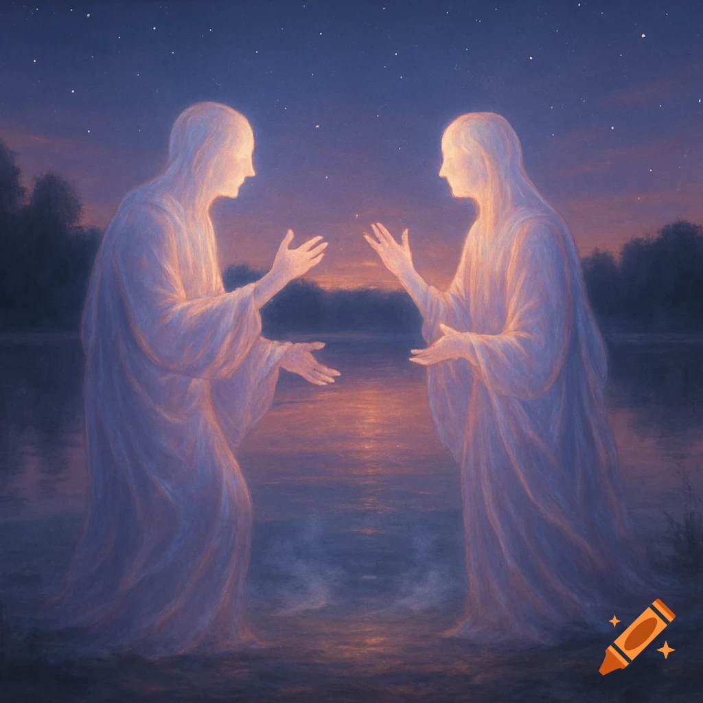 Two ethereal figures in white robes face each other over water at dusk, with stars above and a glowing horizon.