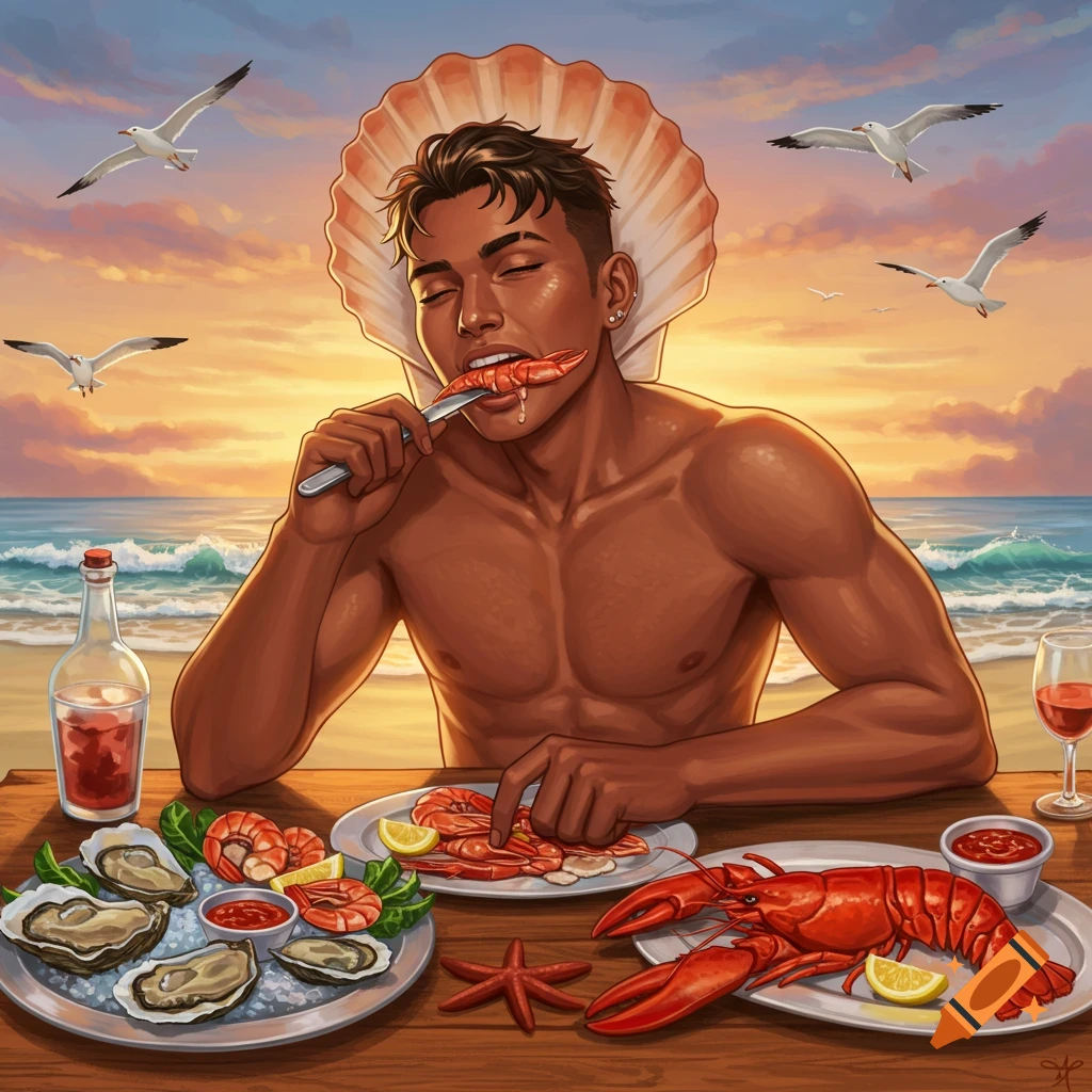 An illustration of a shirtless man eating a seafood feast with oysters, shrimp, and lobster at a table on a beach at sunset.