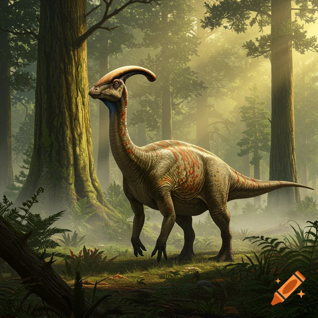 A photorealistic Parasaurolophus dinosaur stands in a misty, sunlit prehistoric forest.