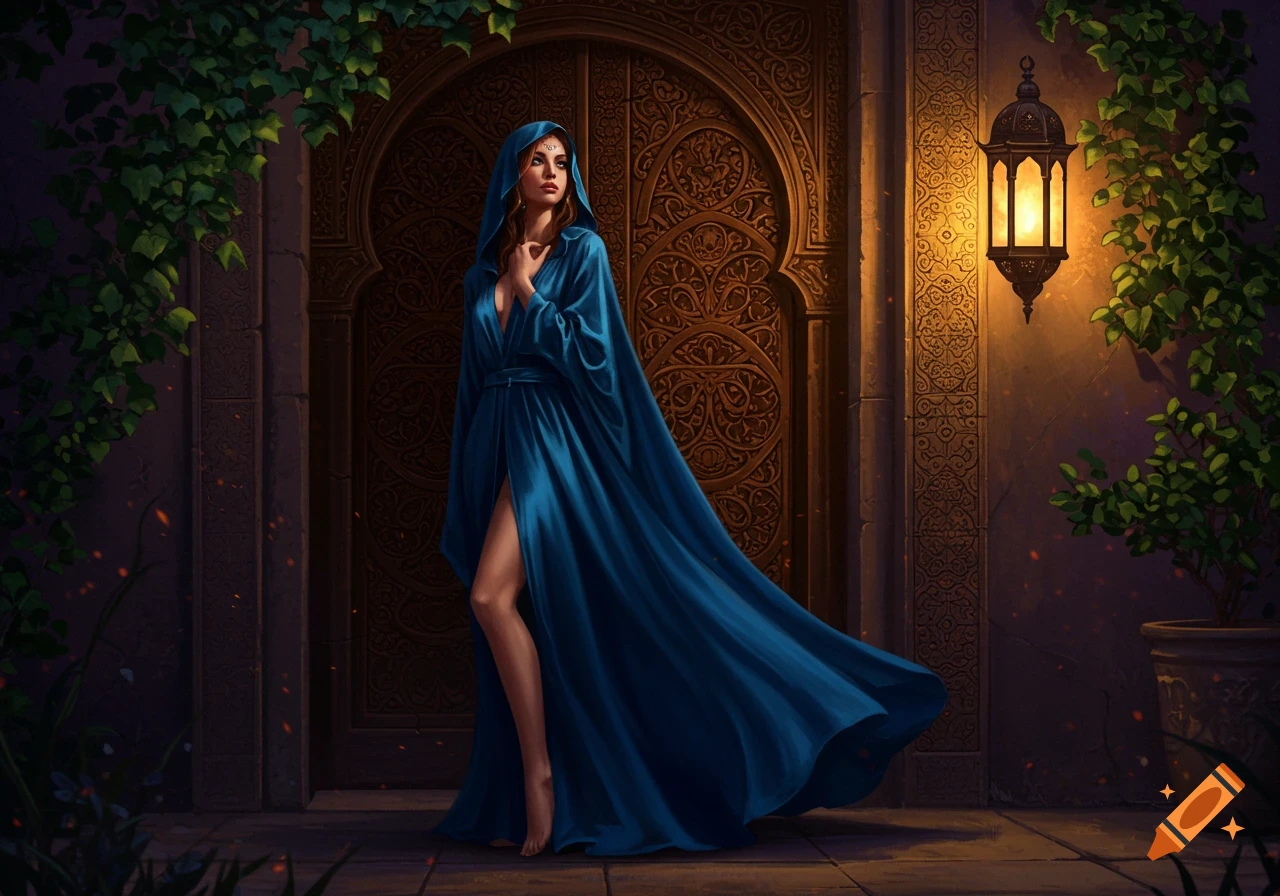Woman in blue hooded robe with high slit standing by an ornate wooden door and glowing lantern at night, painted style.