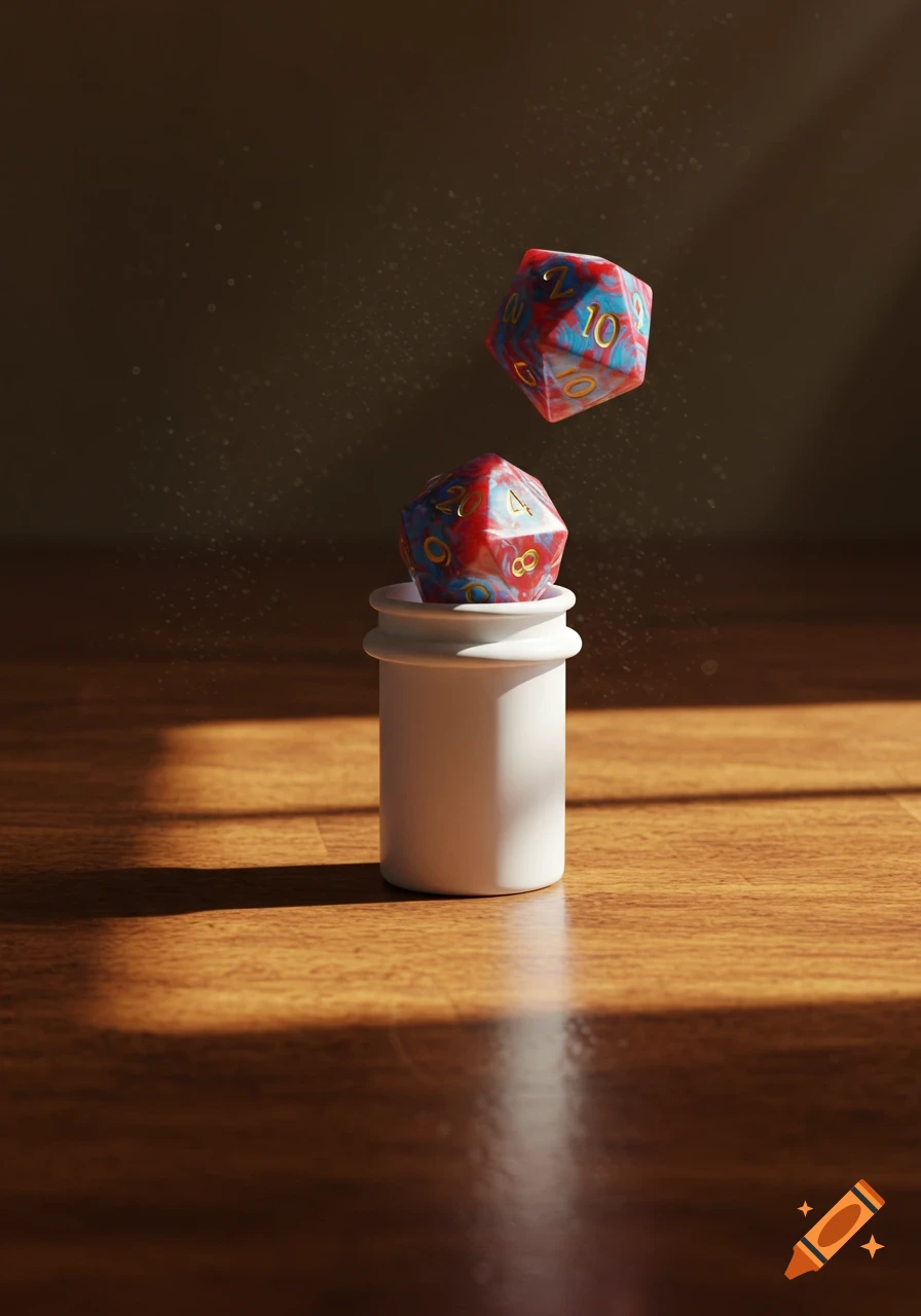 A red and blue d20 die rests in a white dose cup, with another floating above it, on a wooden surface in warm sunlight.