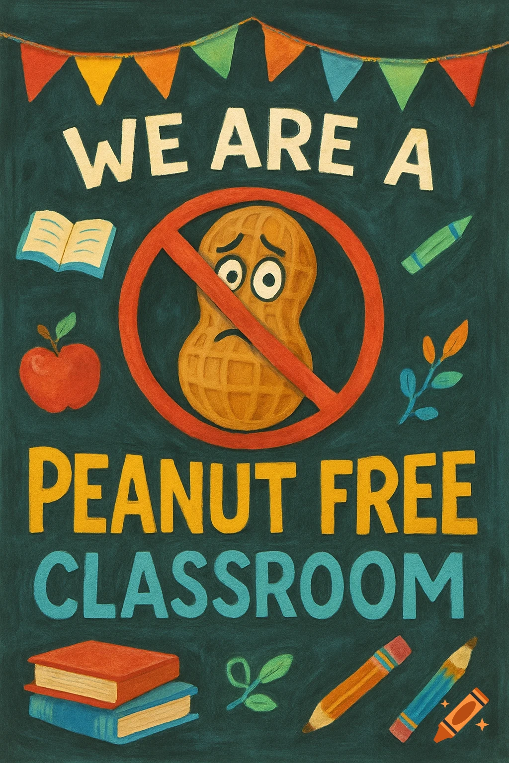 A colorful, chalk-style sign on a dark green background reads 'WE ARE A PEANUT FREE CLASSROOM' with a sad cartoon peanut in a red no-symbol.