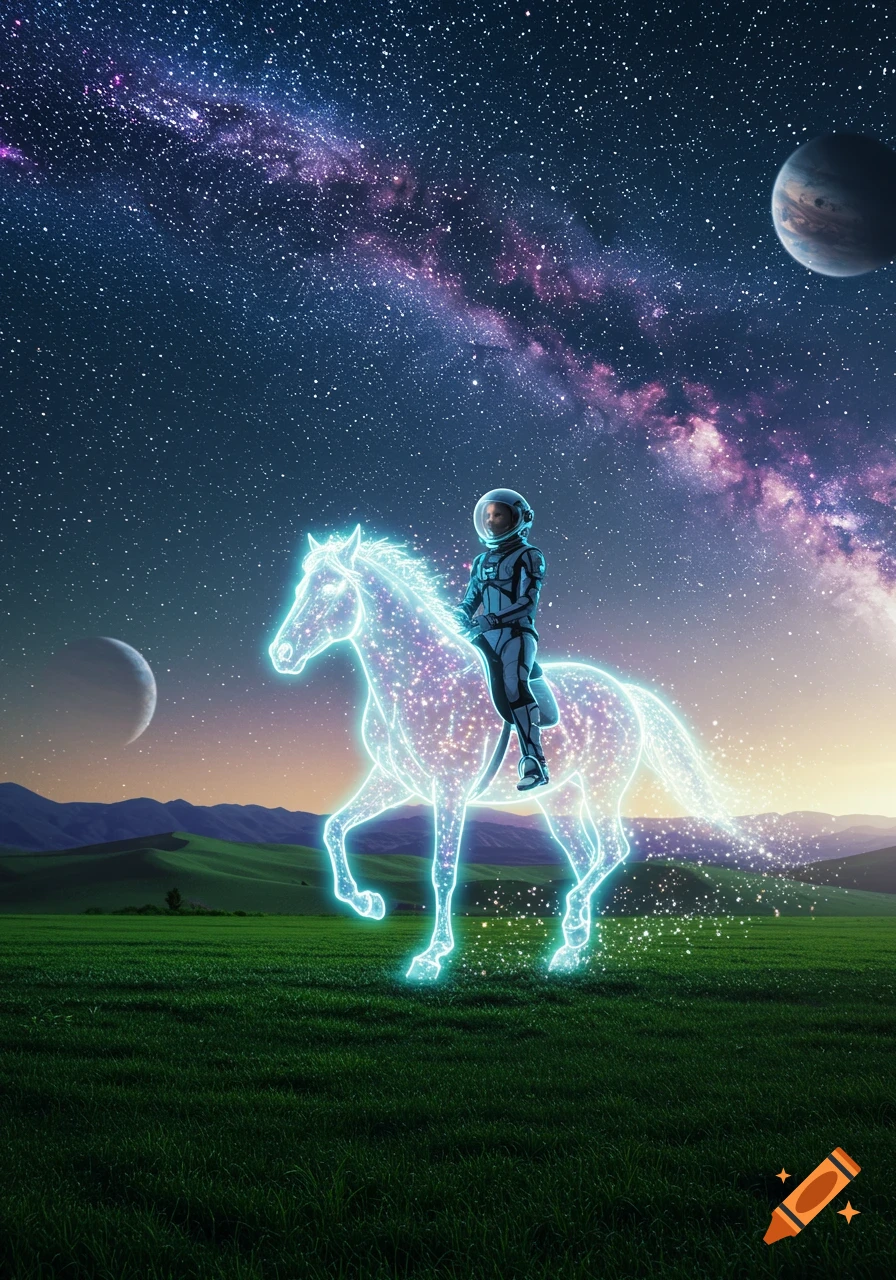 An astronaut rides a glowing, ethereal horse across a green field on an alien planet under a starry, cosmic sky with other planets visible. Photorealistic.