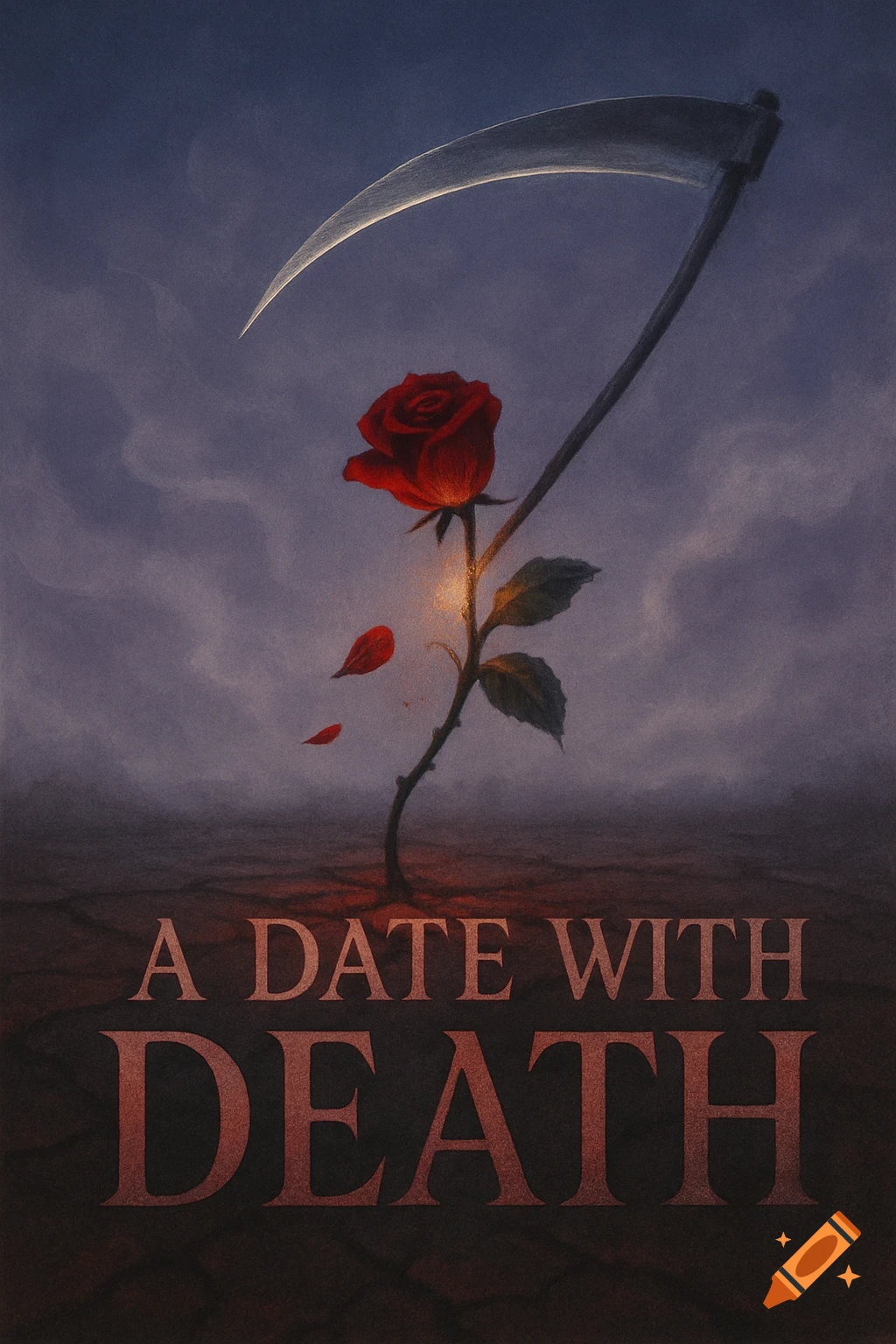 A gothic book cover showing a single red rose with falling petals, a scythe, and the title 'A Date with Death' against a dark, misty sky.