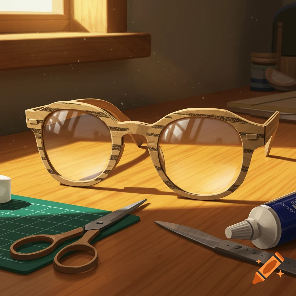 Cardboard prescription glasses on a wooden desk with crafting tools like scissors, a cutting mat, and a utility knife.