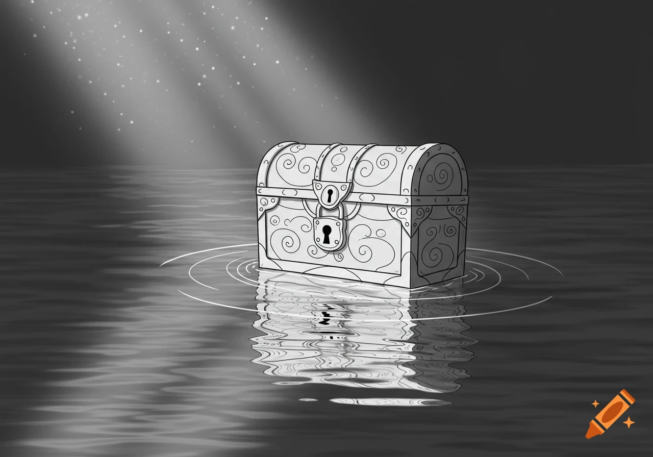 A black and white line art treasure chest floats on water, with light rays and sparkles shining down.
