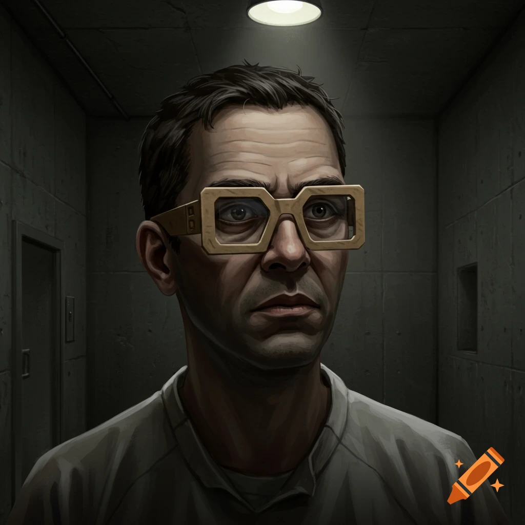 A serious man with short dark hair and thick, rectangular cardboard glasses looks forward in a dimly lit concrete room.