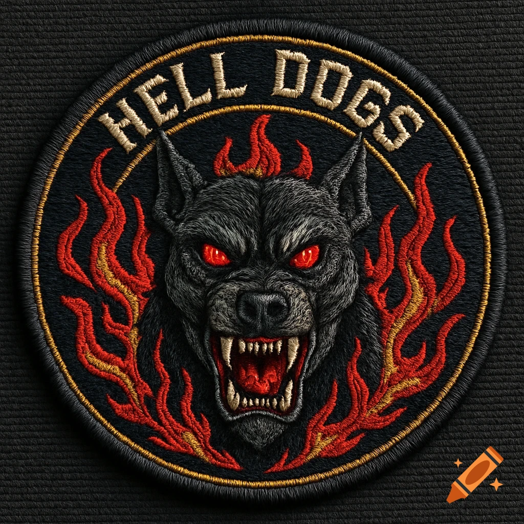 Embroidered patch of a snarling black hellhound with red glowing eyes and flames, featuring "HELL DOGS" text.