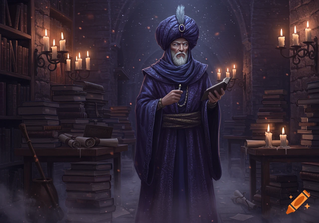 A wise old wizard in a purple turban holds a book in a dimly lit, magical library with tall stacks of ancient books and glowing candles.