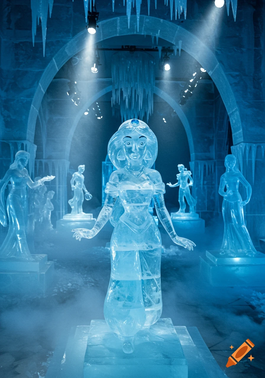 Photorealistic ice sculpture of Princess Jasmine standing in a blue-lit ice museum with other ice statues.