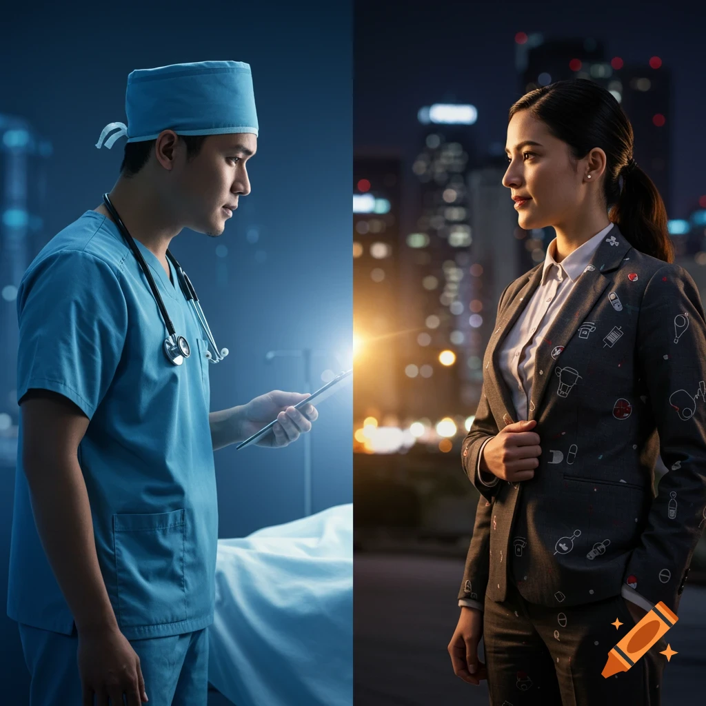 A split image shows a male nurse with a tablet in a hospital on the left, and a businesswoman in a patterned suit against a city background on the right.