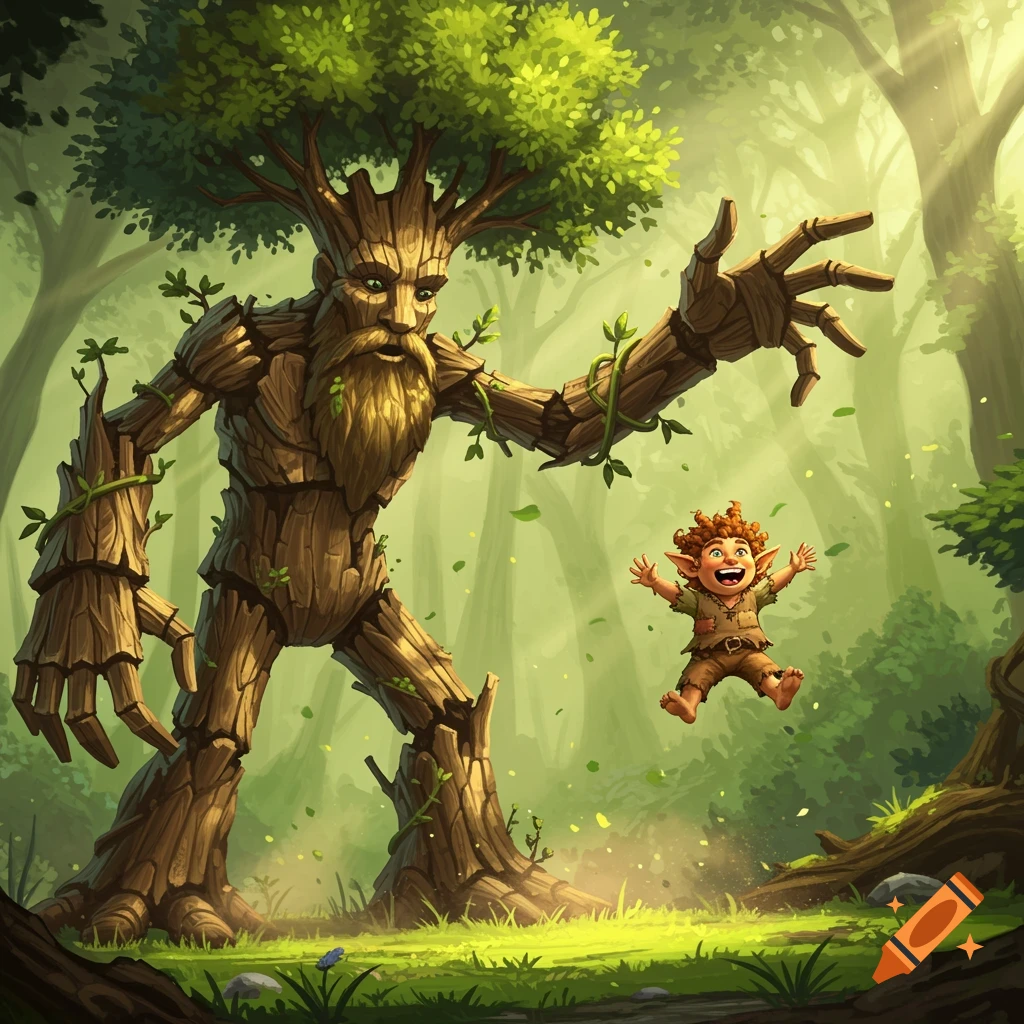 A large treeman with a beard reaches out towards a small, red-haired halfling joyfully jumping in a vibrant, leafy forest.