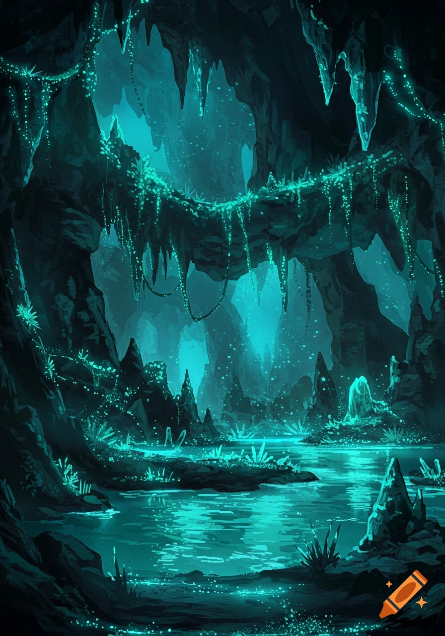 An underground cave glows with turquoise bioluminescent plants and crystals, illuminating a reflective body of water.
