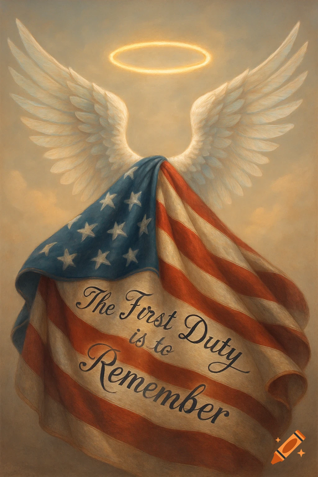 An angelic figure with white wings and a golden halo holds a folded American flag with the text 'The First Duty is to Remember'.
