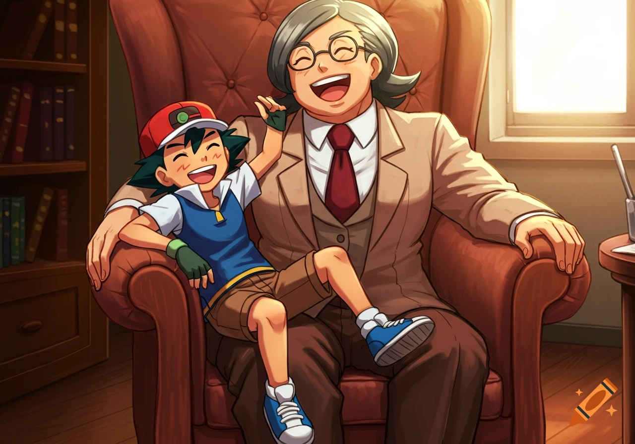 Ash Ketchum sits on an adult woman's lap, both laughing heartily in an anime style within a cozy room.