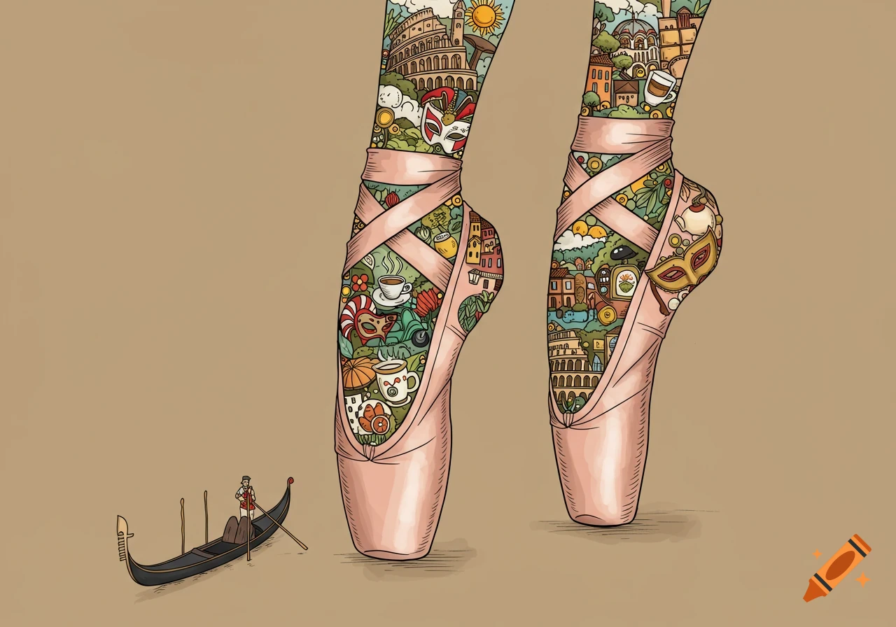 Illustration of ballet pointe shoes filled with colorful Italian-themed doodles, featuring landmarks and a gondola.