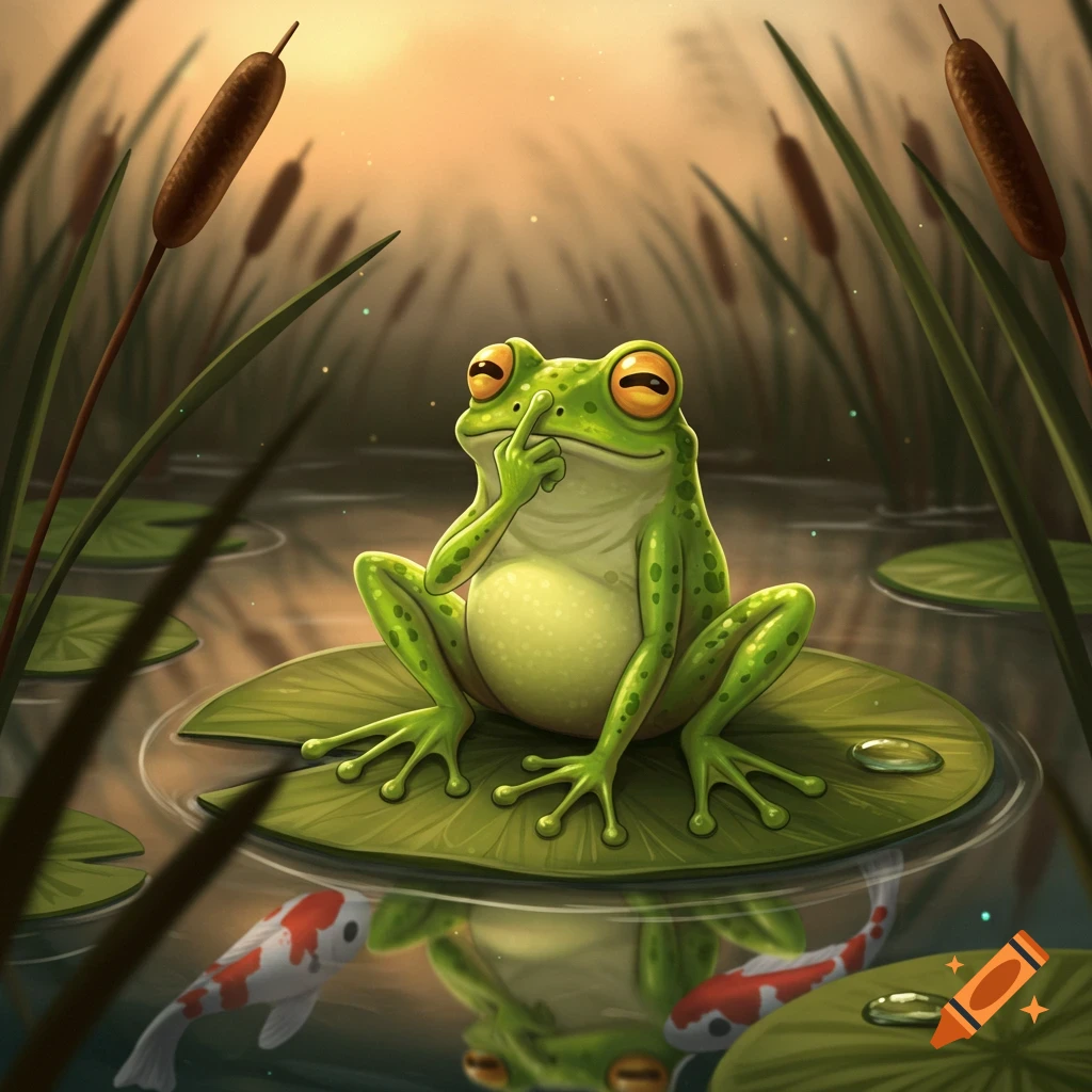 A whimsical green frog sits on a lily pad in a pond, picking its nose, with cattails and koi fish.