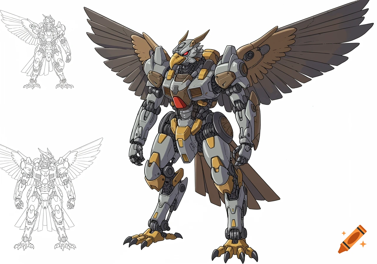 A hawk-themed mecha robot in a technical reference sheet style, with bold outlines and flat colors.