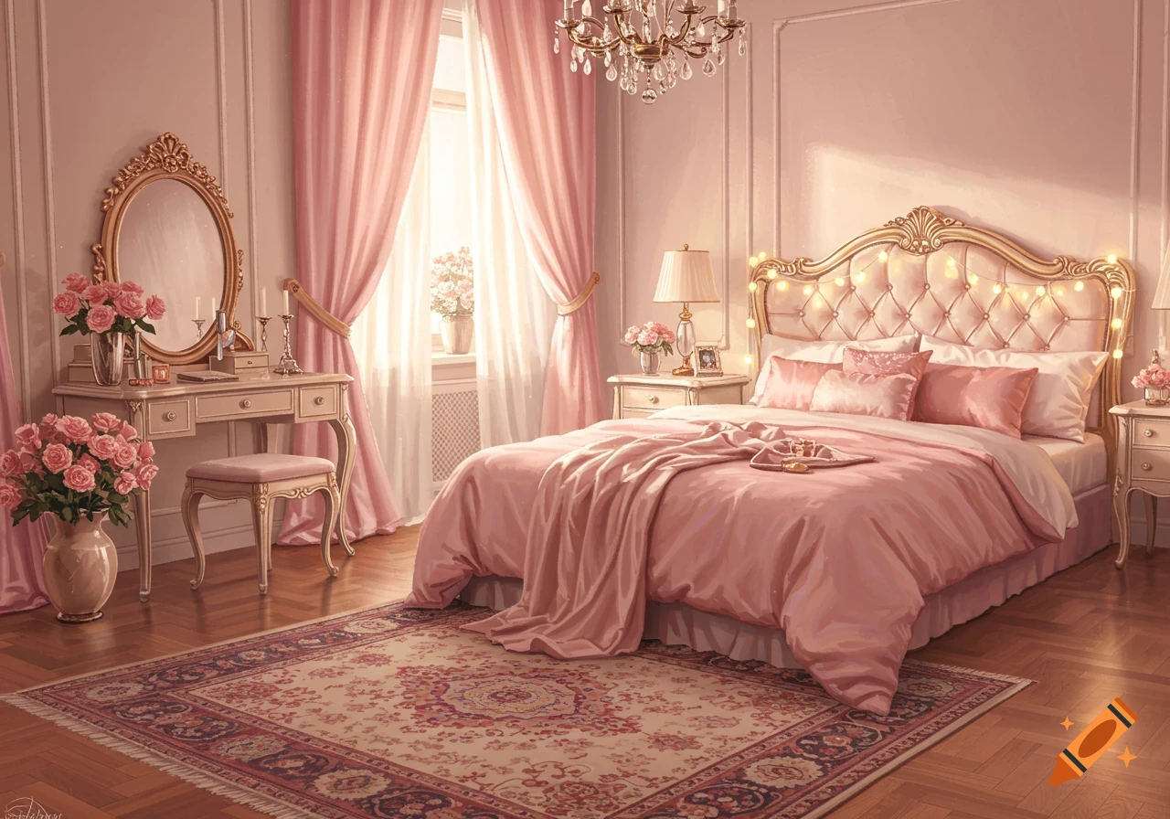 A luxurious pink bedroom with a large bed, dressing table, and chandelier, bathed in soft, warm light.