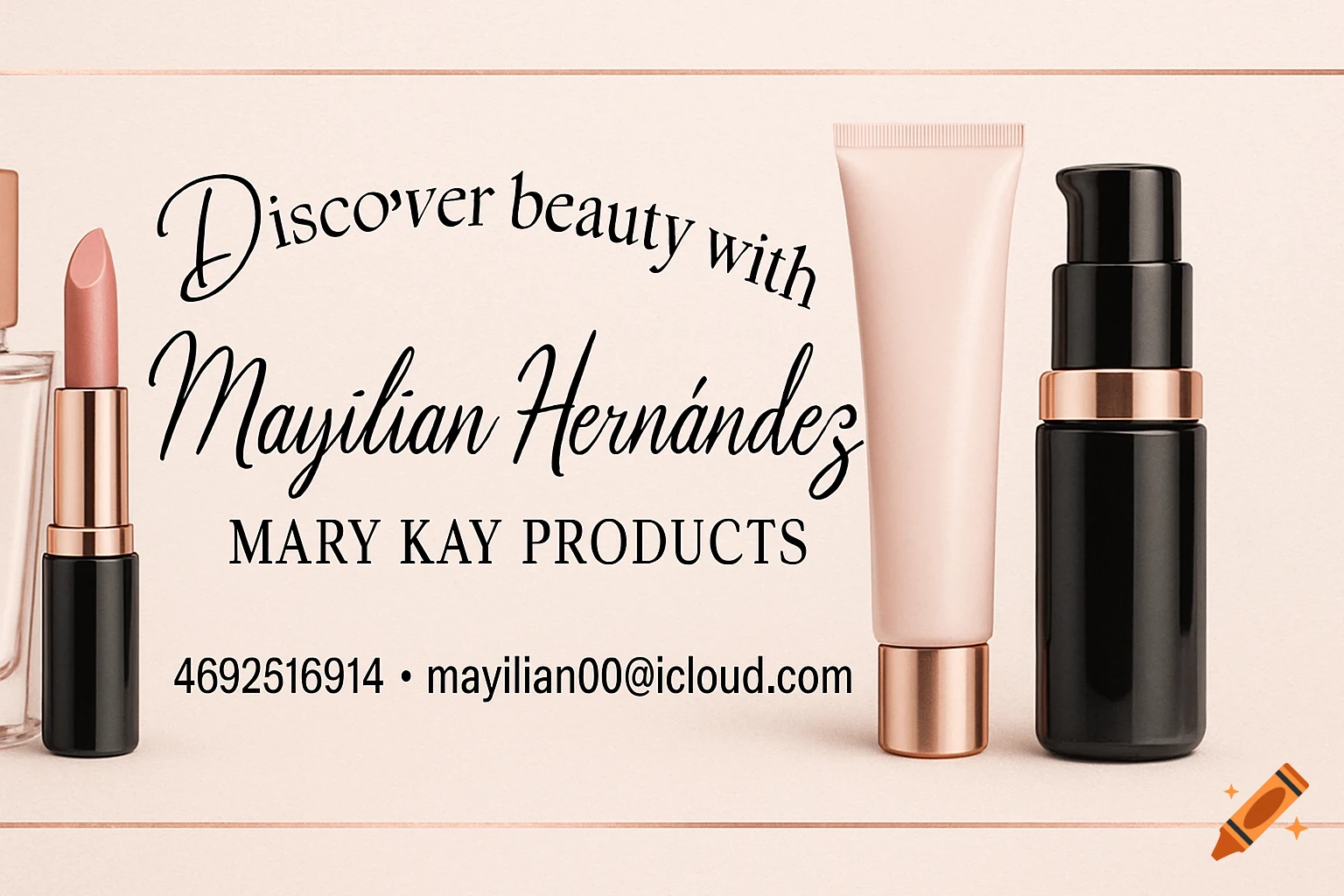 A banner with lipstick, cream, and pump bottle, promoting Mary Kay products with contact info.