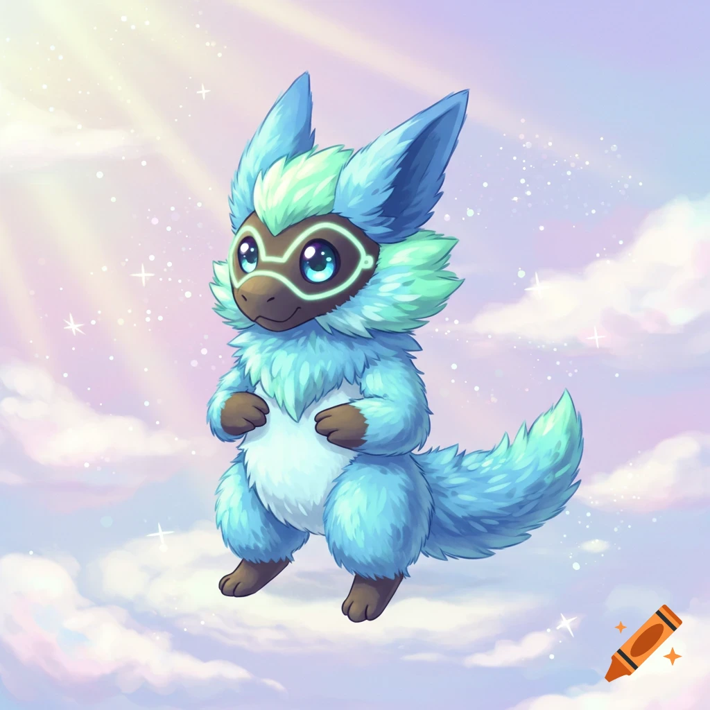 A fluffy blue and green chibi anime protogen floats in a light-filled cloudy sky with sparkles.