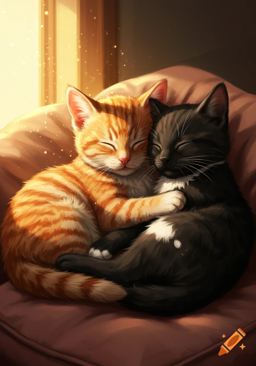 Orange striped kitten and black kitten with a white spot snuggling on a brown cushion in warm light.