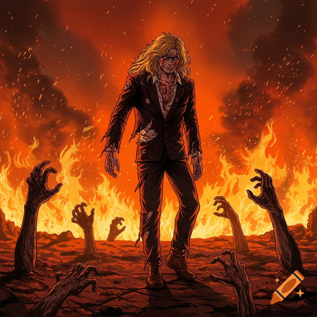 An anime man with long blonde hair and a torn, bloody suit stands in a fiery landscape with zombie hands reaching from the ground.
