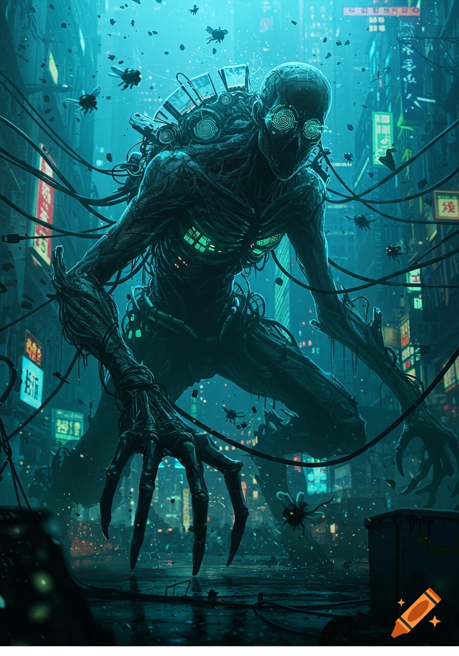 A towering, skeletal monster made of wires and glowing tech stands in a vibrant, rain-slicked cyberpunk city, illuminated by neon signs.