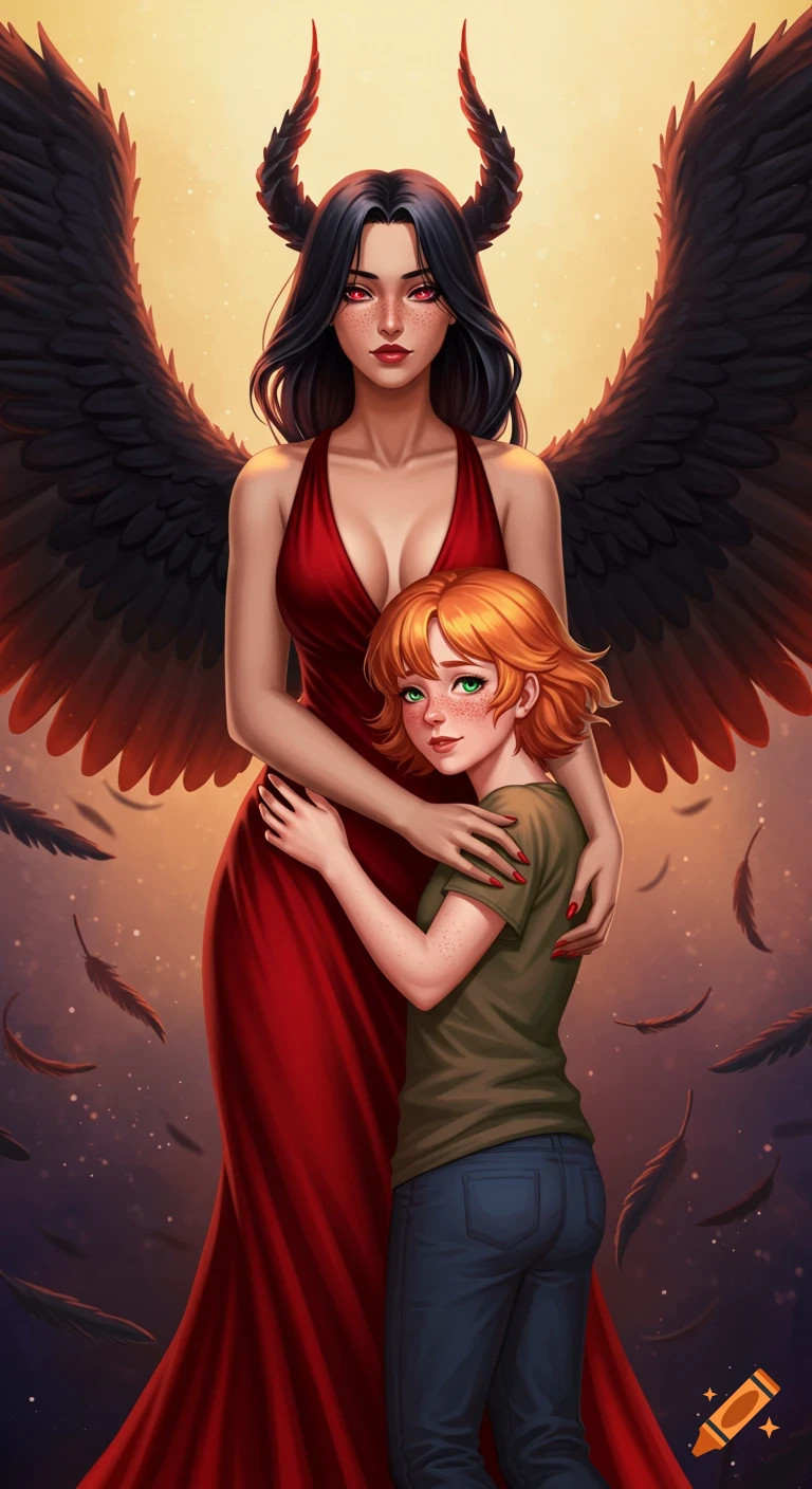 Anime style depiction of a tall, horned woman with black wings in a red gown, embracing a smaller, red-haired child.