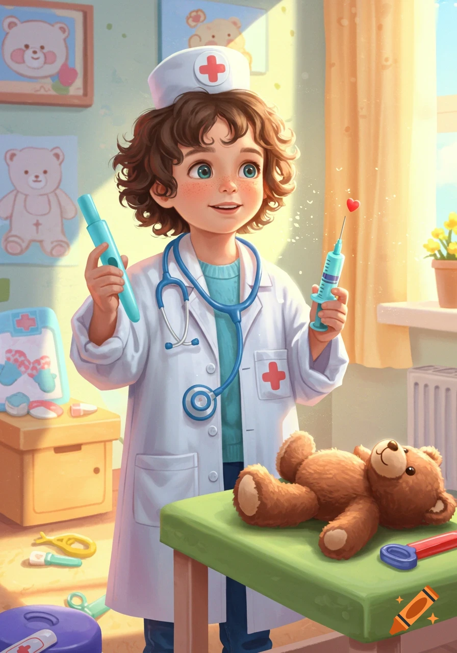 A cute child dressed as a doctor with a stethoscope and medical tools, examining a teddy bear in a bright room.