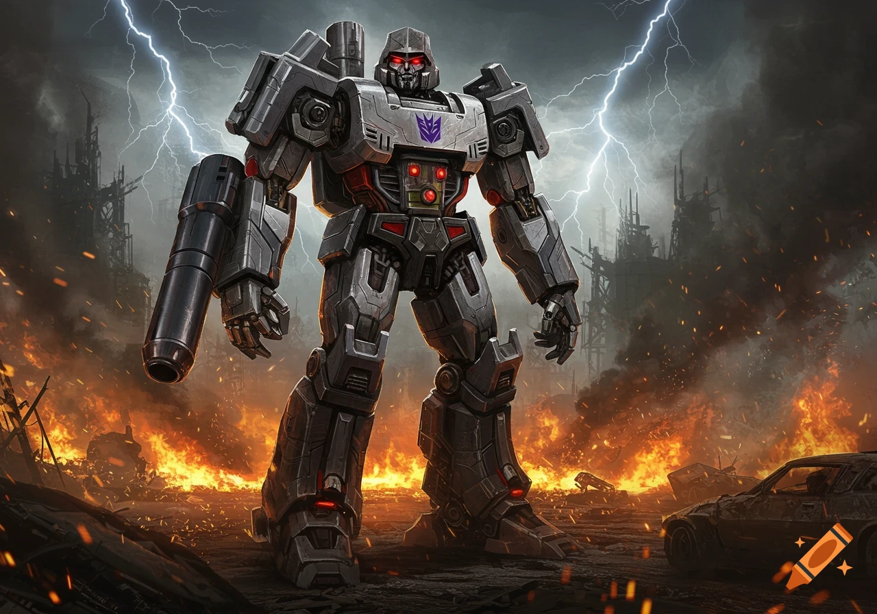Large gray robot Megatron stands amidst flames and destroyed buildings under a lightning-filled sky in a detailed illustration.
