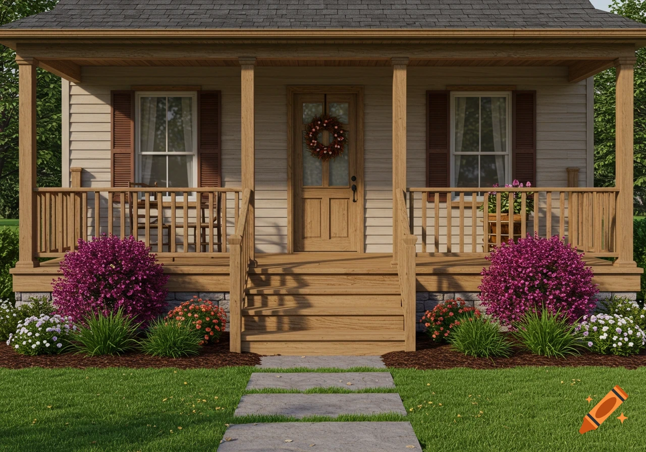 A photorealistic image of a house's front porch with wooden details, beige siding, a wreath on the door, and vibrant pink and white flowers in the garden.