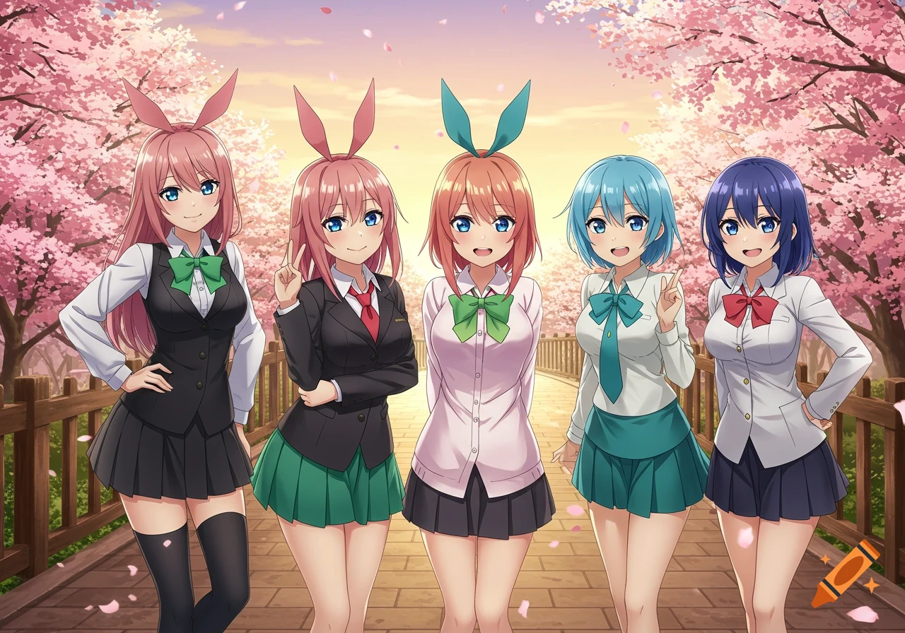 Five anime-style female characters in school uniforms stand smiling on a wooden bridge, surrounded by pink cherry blossoms under a sunset sky.