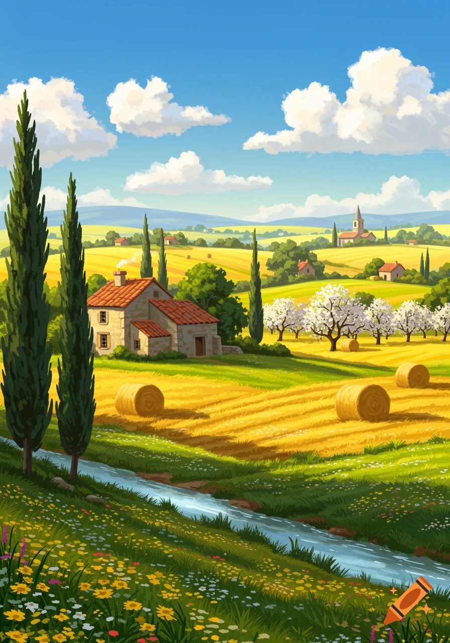Vibrant painting of a French countryside with a stone house, golden fields, cypress trees, a winding stream, and blooming white trees under a blue sky.