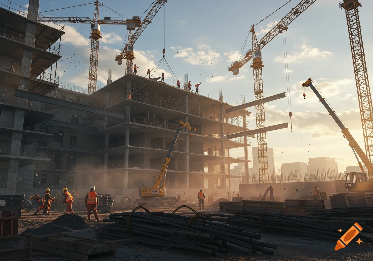 A large construction site with multiple towering cranes, workers in safety gear, and concrete structures rising against a hazy, sunlit sky.