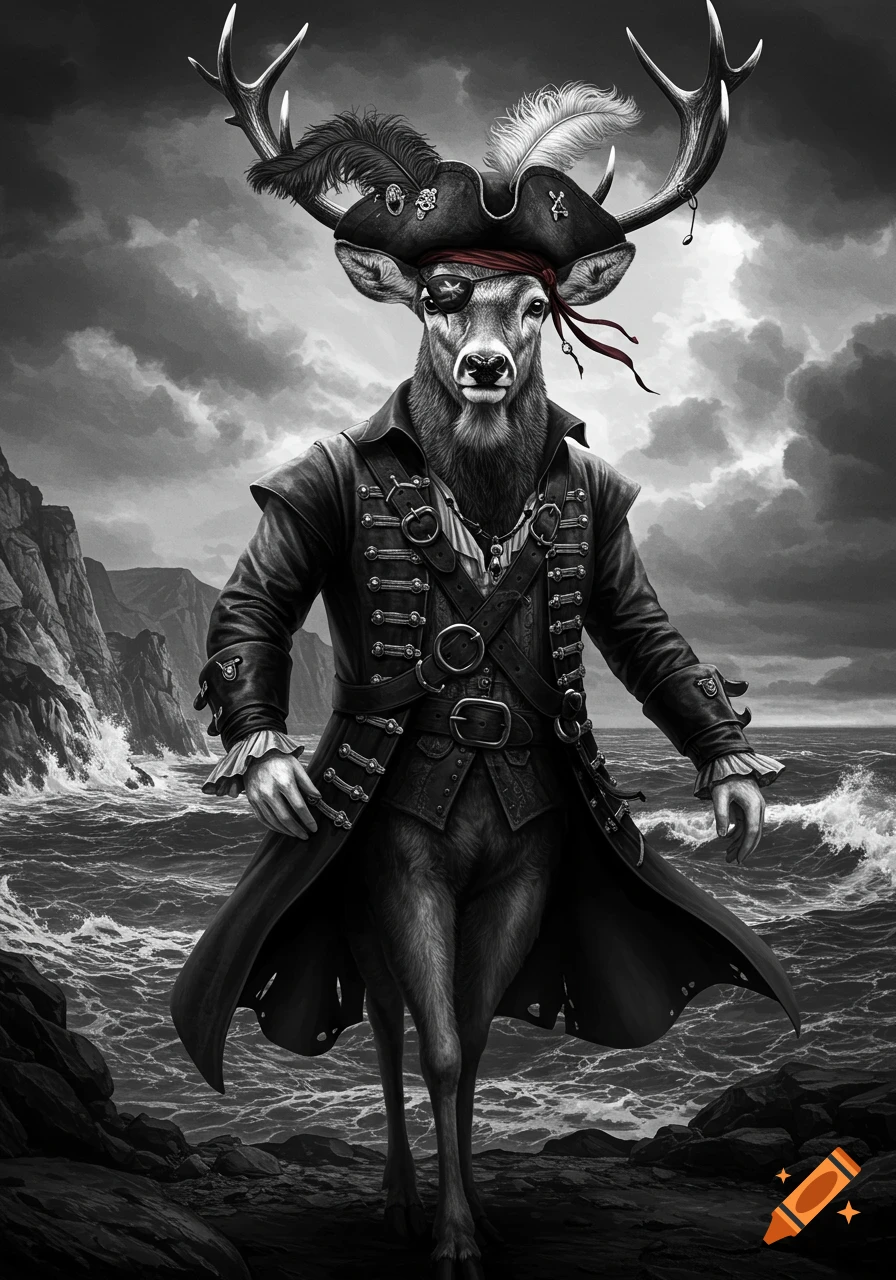 Black and white image of a deer dressed as a pirate with a tricorn hat and eye patch, standing on a stormy, rocky coast.