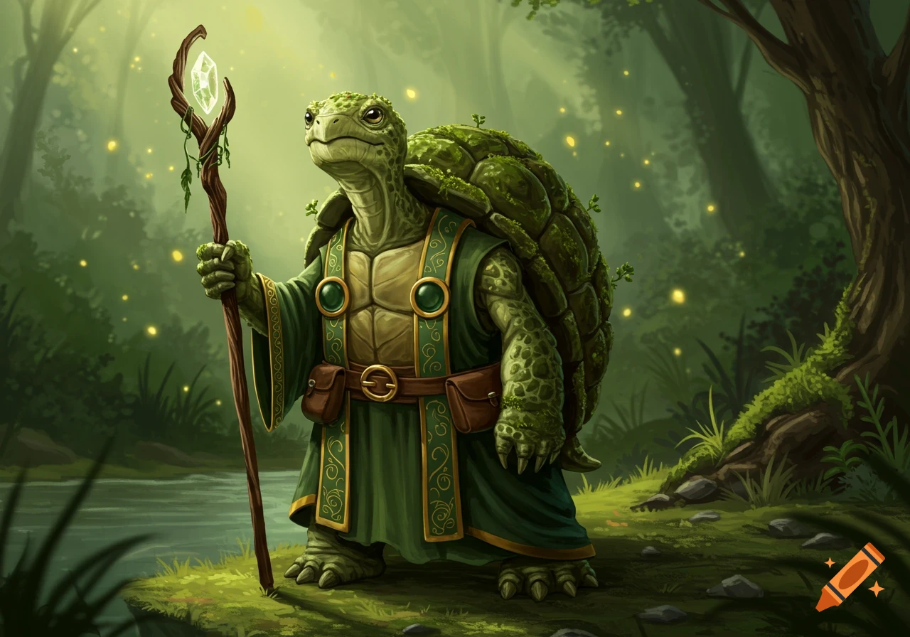A detailed digital painting of a wise anthropomorphic turtle cleric in green robes, holding a glowing staff by a river in a mystical forest.