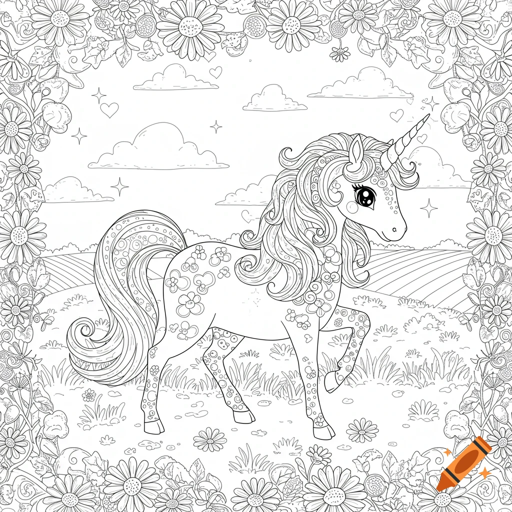 A black and white line art coloring page of a cute unicorn standing in a field, surrounded by a border of daisies and hearts.