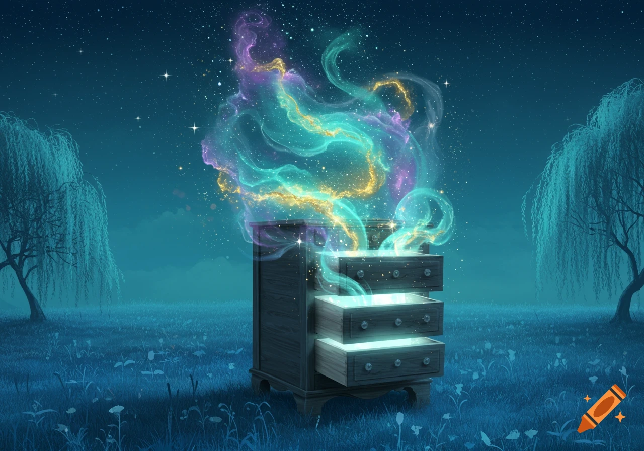 A dresser in a field at night, emitting glowing, colorful smoke under a starry sky with willow trees.