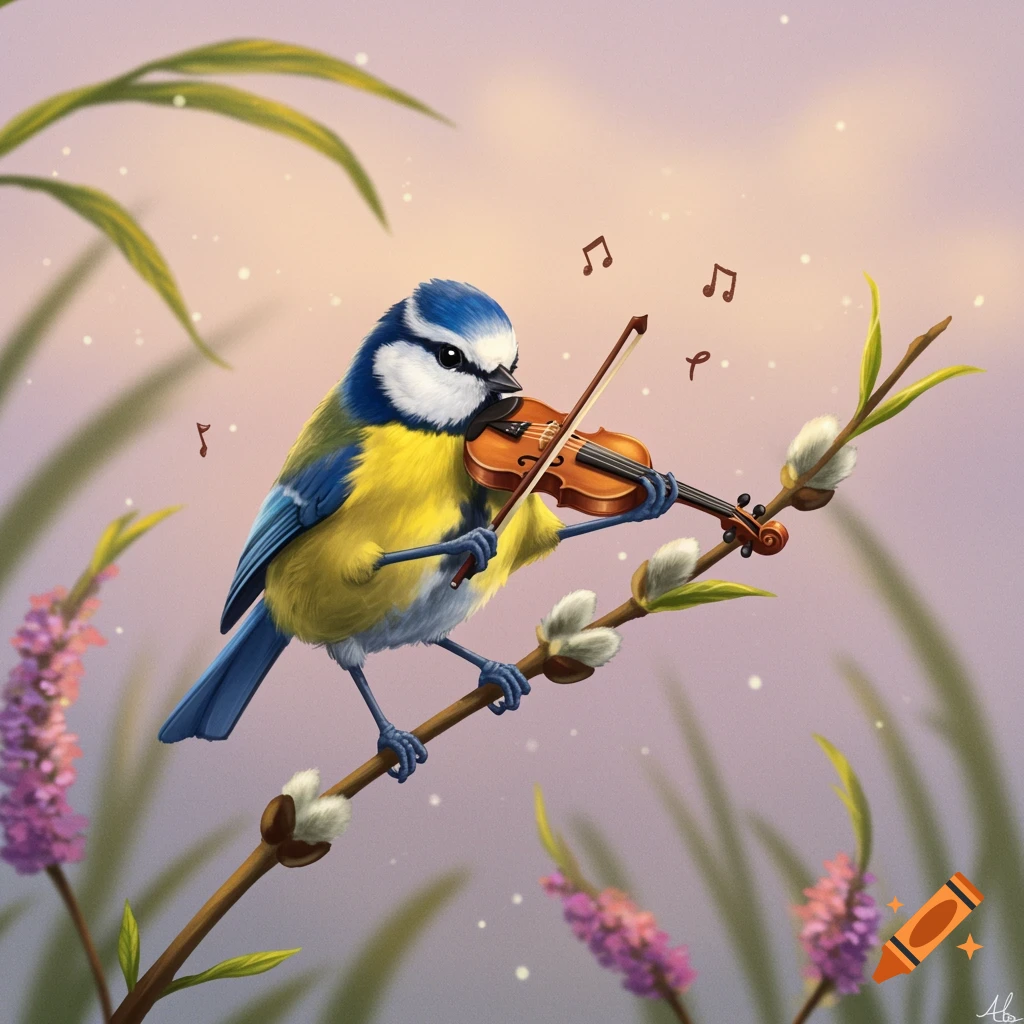 An illustrated bluetit bird with blue and yellow feathers plays a violin while perched on a branch, with musical notes floating around it.