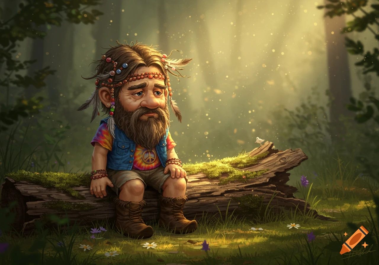 A sad hippie gnome with a beard and beaded hair, wearing a tie-dye shirt and vest, sitting on a mossy log in a sunlit forest.