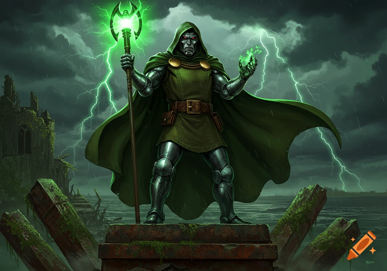 Doctor Doom in green and silver armor, holding a glowing staff and conjuring green energy amidst a stormy, ruined landscape with lightning.