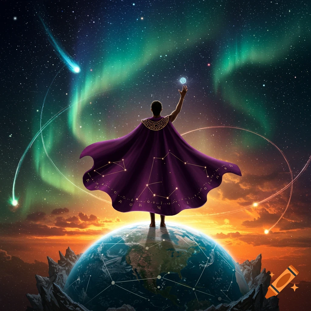 A person in a flowing purple cape with constellations stands atop Earth, reaching toward a glowing orb under a starry sky with green auroras and shooting stars.