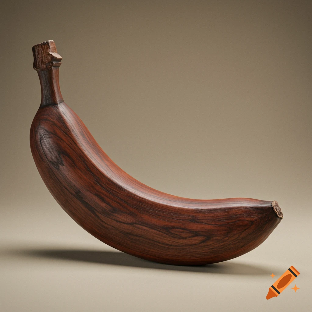 A realistic banana carved from dark reddish-brown wood, resting on a plain background.