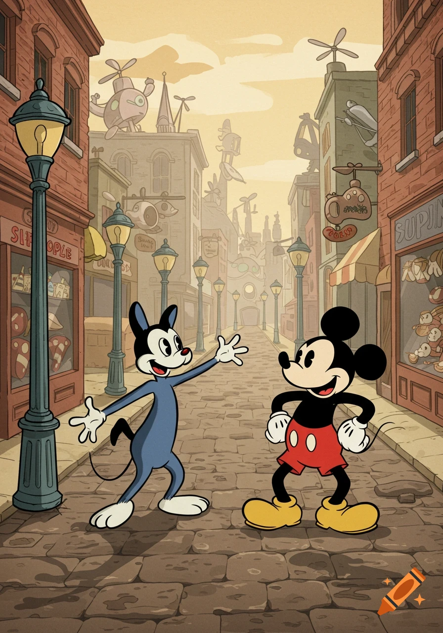 Krazy Kat and Mickey Mouse stand smiling on a cobbled street lined with old-fashioned buildings and streetlights.