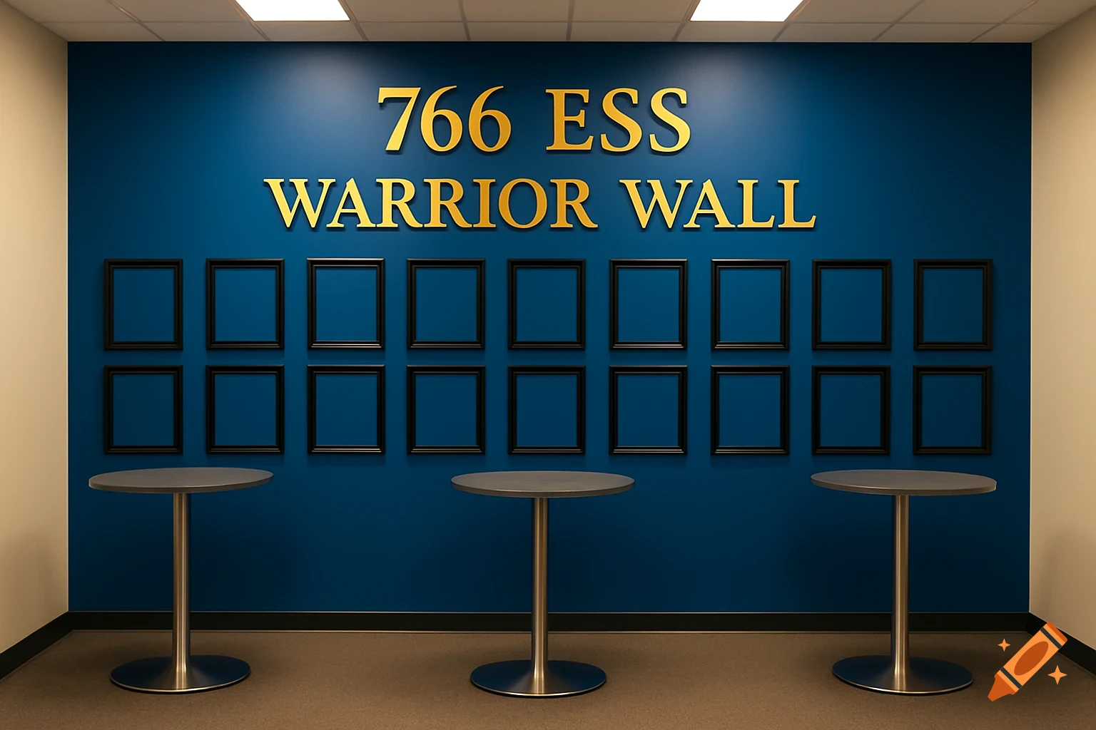A blue wall with gold lettering '766 ESS Warrior Wall' above two rows of empty black picture frames and three gray high-top tables in a room.