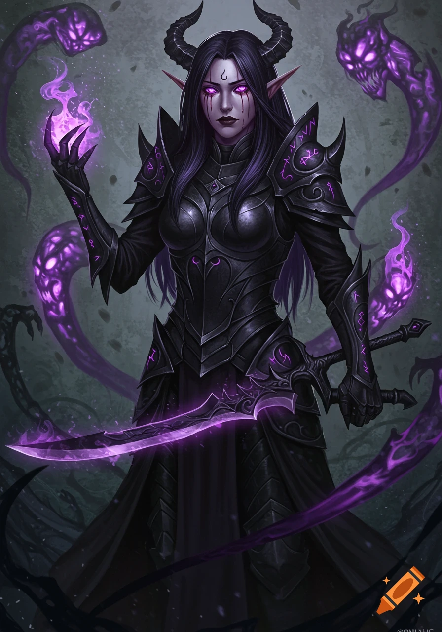 A dark elf warrior in intricate black armor with glowing purple eyes and blood trails, holding a magic purple blade amidst swirling shadows and spectral flames.