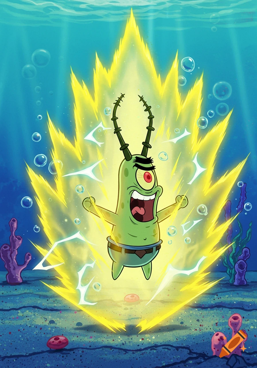 Plankton from SpongeBob SquarePants glows with a yellow Super Saiyan aura underwater.