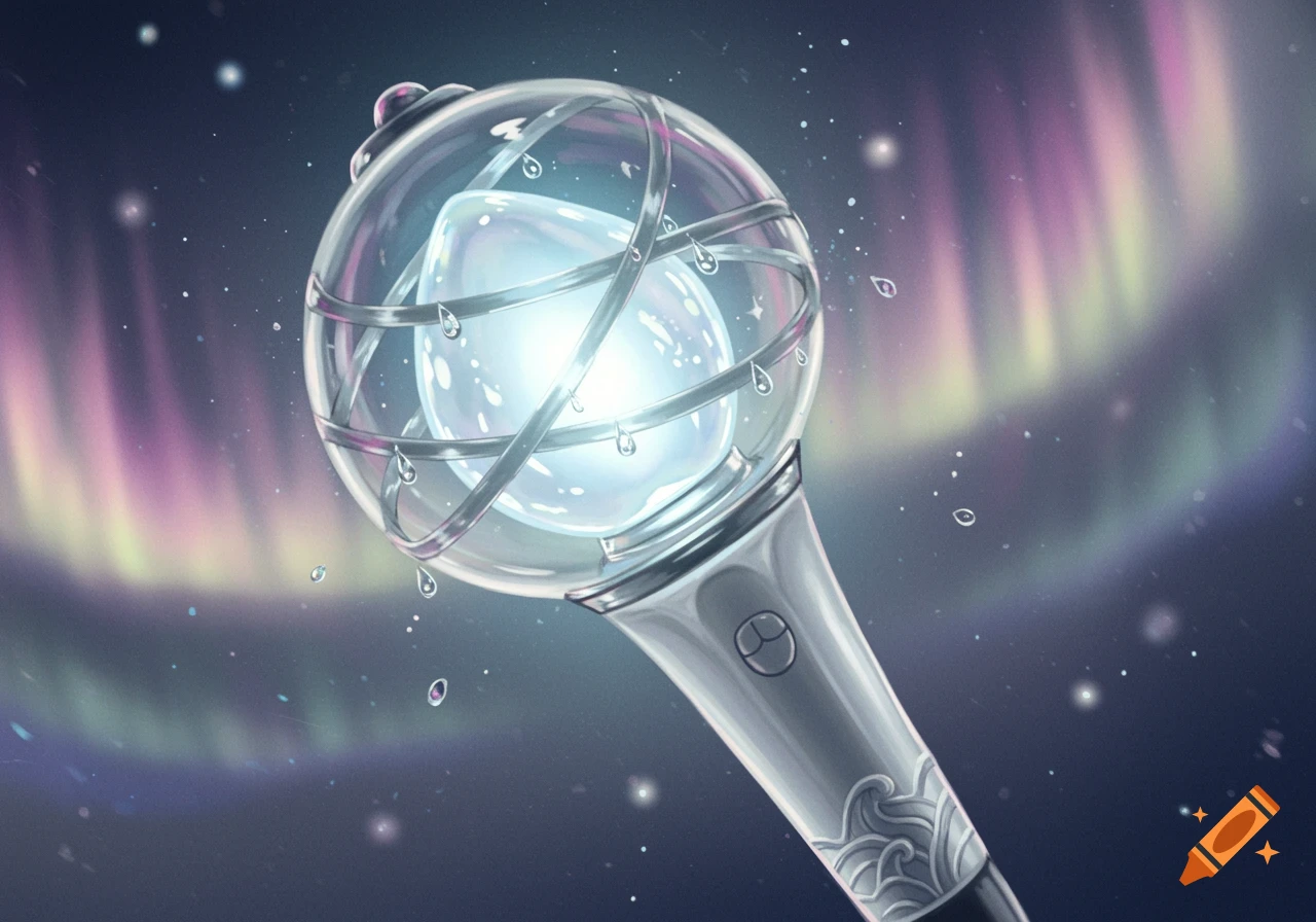 A glowing lightstick with a clear orb, internal light, and water droplets, set against a vibrant aurora borealis sky.