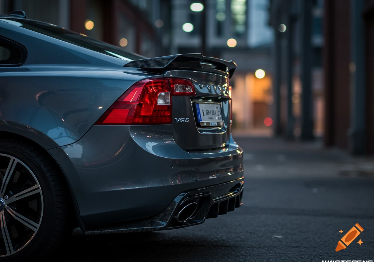 Photorealistic rear view of a dark grey Volvo S60 car with a rear spoiler, on an urban street at dusk.
